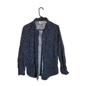 Vintage Lauren Brooke Womens Navy Floral Button-Up Shirt 100% Cotton Long Sleeve